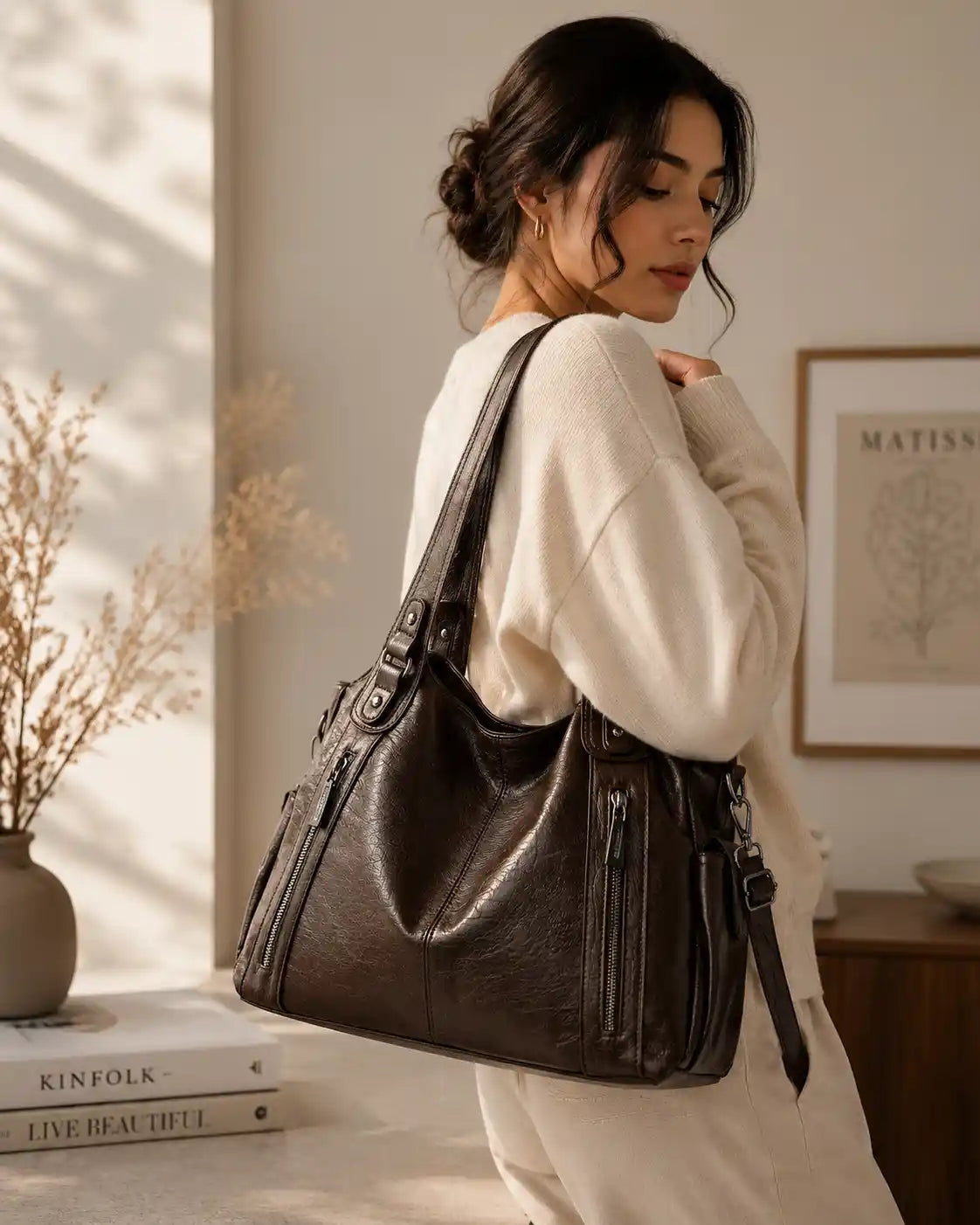 'THE STELLA' MULTI-ZIP VEGAN LEATHER SHOULDER BAG