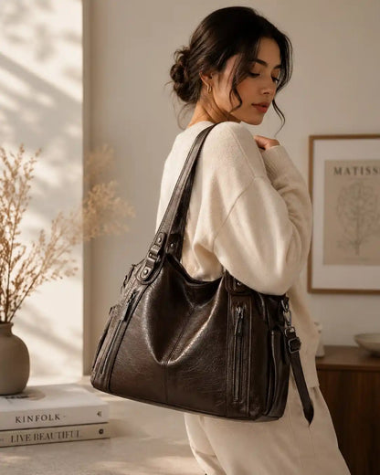 'THE STELLA' MULTI-ZIP VEGAN LEATHER SHOULDER BAG