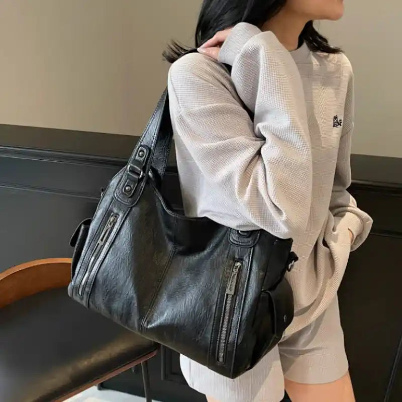 'THE STELLA' MULTI-ZIP VEGAN LEATHER SHOULDER BAG