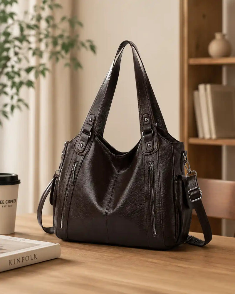 'THE STELLA' MULTI-ZIP VEGAN LEATHER SHOULDER BAG