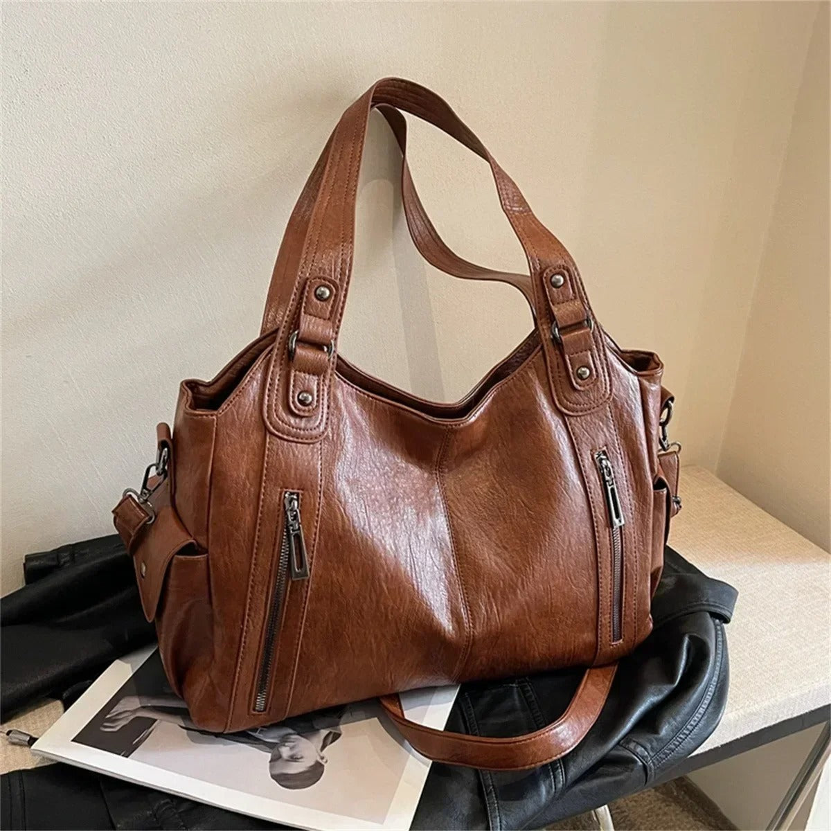 'THE STELLA' MULTI-ZIP VEGAN LEATHER SHOULDER BAG
